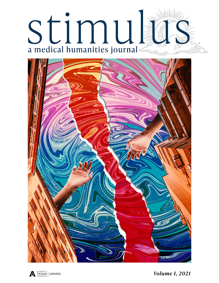 Cover of the Spring 2021 issue of Stimulus: A Medical Humanities Journal. The cover background consists of pink and blue water exhibiting the ripple effect. Down the middle of the water is a crack and on either side of the crack, there is an outstretched hand reaching from a building.